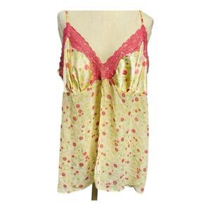 Secret Treasures Womens 2X Lingerie Slip Dress Yellow Pink Lace Nightie Chemise